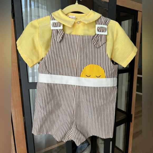 Vintage 1970s reversible sun jon jon Romper Set Stripe Appliqué toddler baby boy - Picture 1 of 7